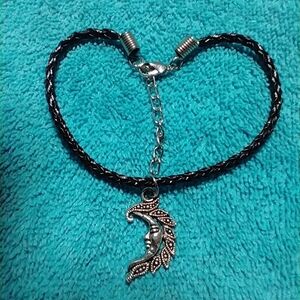 Black braided cord silvertone moon bracelet